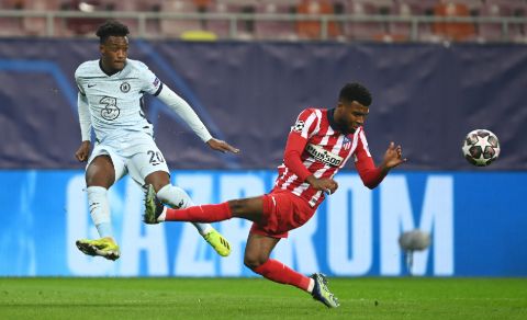 Chelsea's Callum Hudson Odoi crossing a ball to Atletico Madrid's d-box.